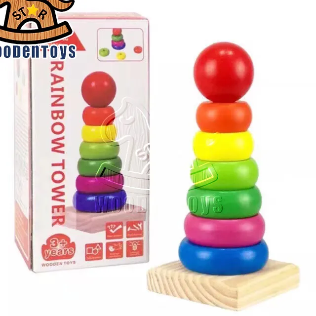 Wooden Toys Rainbow Ring Tower Of Hanoi Stocking Blocks For