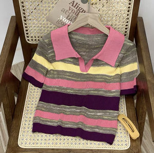 Áo polo dệt kim nữ kiểu kẻ sọc phối màu loang ngũ sắc - Áo thun len nữ tay ngắn cổ đức thiết kế thời trang trẻ trung