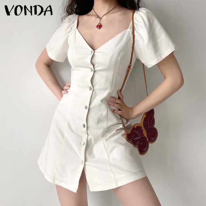 Vonda Women Short Sleeve V Neck Holiday Party Pleated Dress Button Down