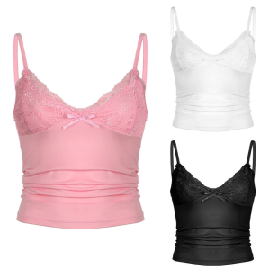 Womens Elegant Lace Trim V Neck Cami Top Spaghetti Strap Slim Going Out Crop Tanks Top for Layering and Everyday Styles