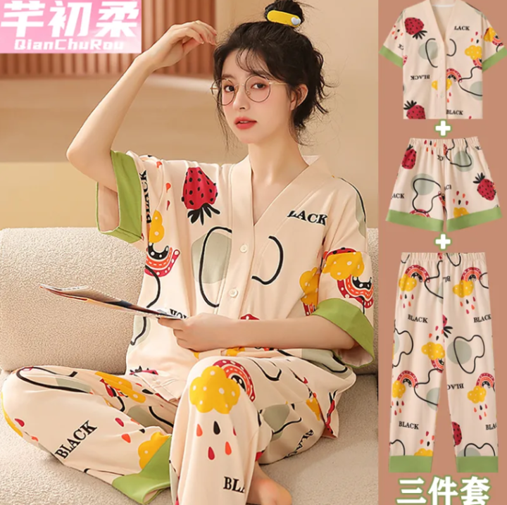 3pcs/Set Women cute cartoon pajamas korea short sleeve loose T-shirt +  casual pants sleepwear