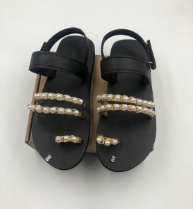 Giày sandal dép sandal  đế đen quai phối châu trắng-Xăng đan học sinh