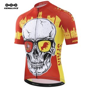 KEMALOCE Breathable Short Sleeve Cycling Jersey Summer USA Skull Team Road Blue Bike Jersey Apparel Men Polyester Fabric Outdoor Stylish Red Bicycle Shirts