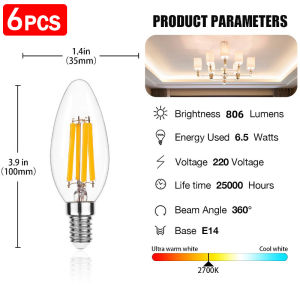Genixgreen LED 6 Packs E14 220V Edison Light Bulb 6.5W LED Candelabra Bulb Chandelier C35 Candle Light Bulb800lm 2700K Warm White，LED bulb for home
