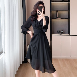 Impression Fashion Store Women Elegant V-neck Chiffon Long Puff Sleeve Plain High Waist Slim A-line Pleated Midi Dress