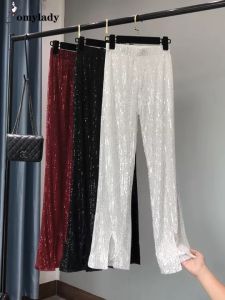 Womens Fashion Shining White Trousers Show Tall Waist Sequins Flares Pants