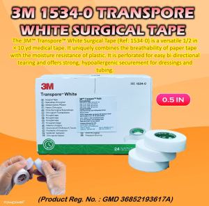(1 PIECE) 3M 1534-0 Transpore White Surgical Tape 0.5 INCH / 1.25CM