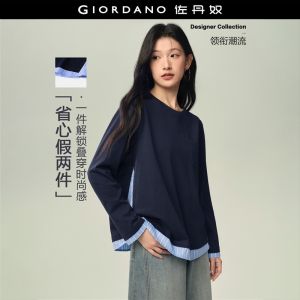 GIORDANO Women T-Shirts Fake Two-Piece Striped Splicing Tee Long Sleeve Fashionable Casual Relaxed T-Shirts 18326722