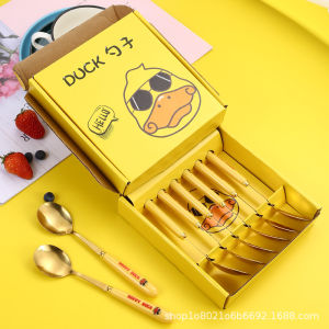 Bộ 6 thìa inox mạ vàng Vịt vàng Duck cán dài muỗng ăn ngộ nghĩnh kèm hộp đựng