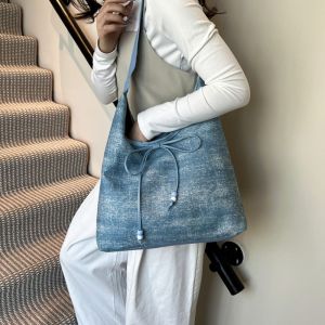 DINAH หลากหลาย กระเป๋าผ้าเดนิมแบบข้าง ผ้า ลำลอง กระเป๋าผ้าแคนวาส ทันสมัย ความจุสูง กระเป๋าสะพายไหล่แบบโบว์ ผู้หญิง