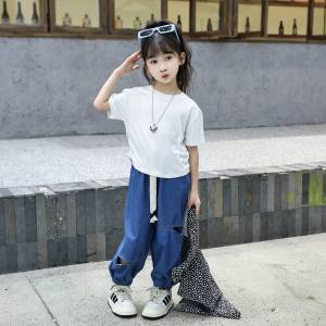 BALALE Setelan Denim anak perempuan Setelan Anak Kaos Katun + Celana Jeans Robek Santai Usia 2-10 Tahun