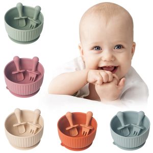 VREN Bát Hút Silicone Cấp Thực Phẩm Không Chứa BPA Kèm Bộ Muỗng & Nĩa Silicon