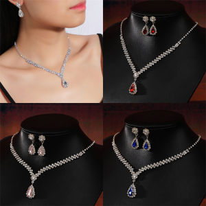pamelaea 1Set Bridal Necklace Earrings Water Drop-shaped Rhinestone Jewelry Style Sparkling Jewelry Set For Wedding Party Gift