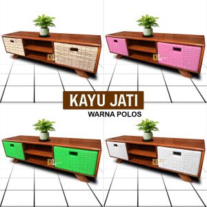 Meja TV Kayu Jati 2 Laci Rotan Sintetis Bufet Buffet Rak Lemari Ruang Tamu Minimalis Murah Terbaru