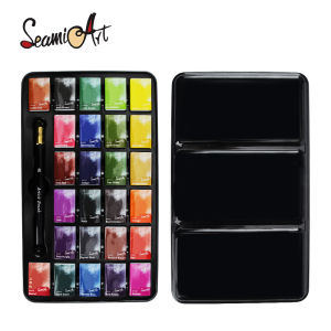 SeamiArt 26color Artist Grade Full Pan Solid Watercolor Tin Box Set with 1pc Portable Travel Paint Brush