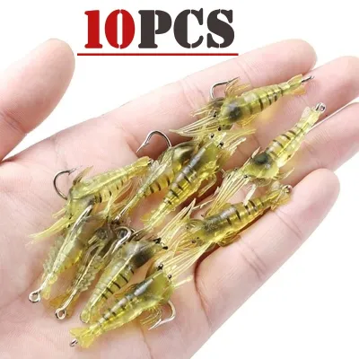 10PCS Soft Shrimp Bait Artificial Worm Baits Luminous Sea Fishing Lure Fishing Tackles Single Crankbait Hook Silicone Prawn Bait Fake Shrimp Bait