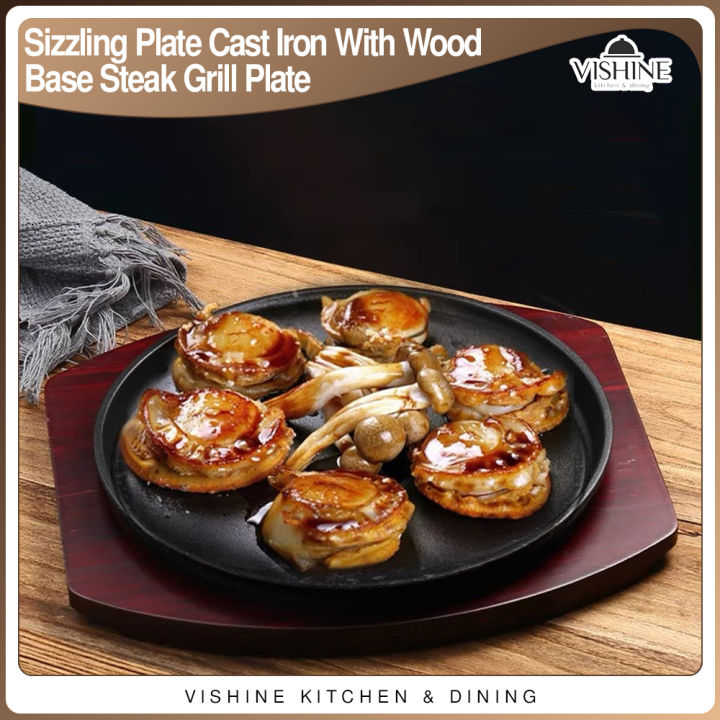 VISHINE Sizzling Plate Sisig Plate Cast Iron With Wood Base Steak Grill ...