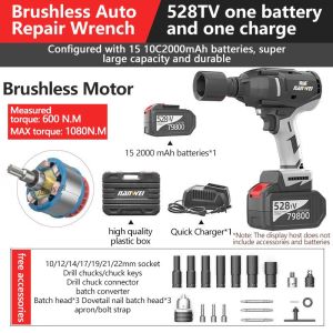 Cordless Impact Wrench 1080N.M Brushless Wrench1/2"1/4" Impact Gun Heavy Duty Cordless Wrench