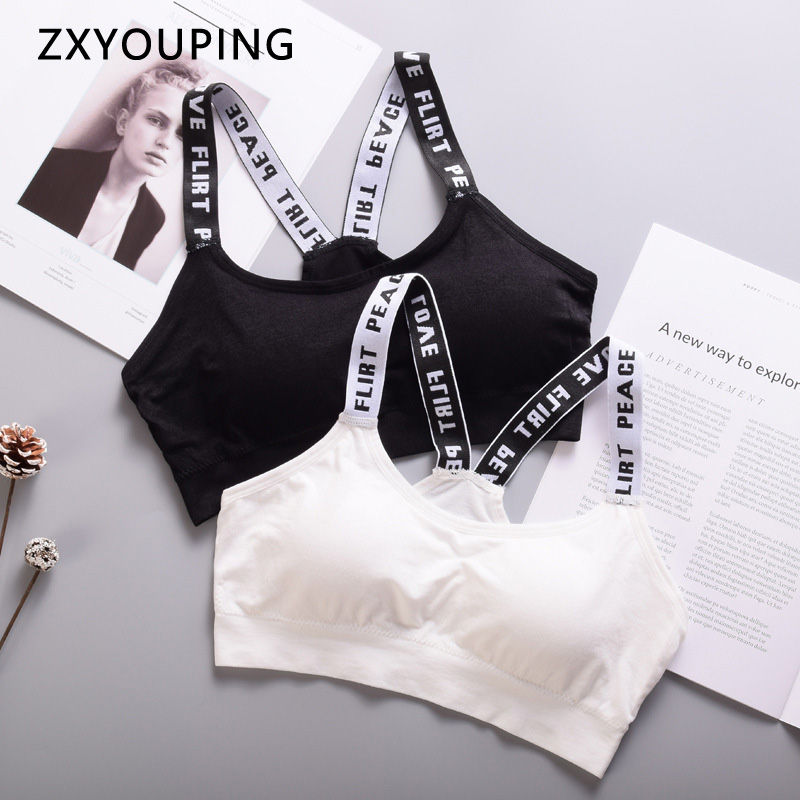Sports Bras for Women Seamless Solid Color Wrap Chest Letter Printing Shoulder Straps Student Tube Top Anti-glare Underwear with Padding Short Womens Vest INS Trendy