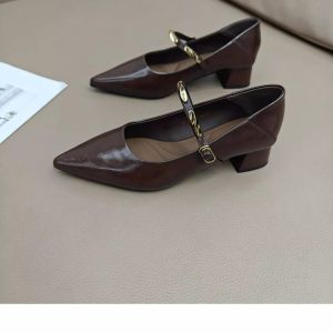 Free Shipping Small Leather Shoes Chunky Heel Shallow Toe Round Toe Single-Strap Design Suitable For Early Spring Autumn And Winter New Style Versatile For Everyday Wear