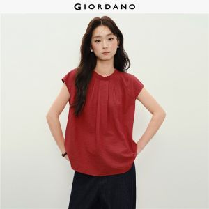 Giordano Women Pleated mock neck short sleeve blouse Free Shipping 18346515