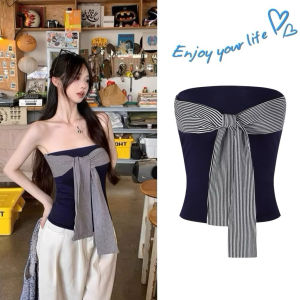 Jenny พร้อมส่ง🫐🍋เสื้อปาดไหล่แขนยาวผู้หญิง แต่งเซื่อกผูกลายทางสีกรม ดีไซน์2ชิ้นติดกัน เรียบหรู ทรงครอปเข้ารูป สไตล์เกาหลี