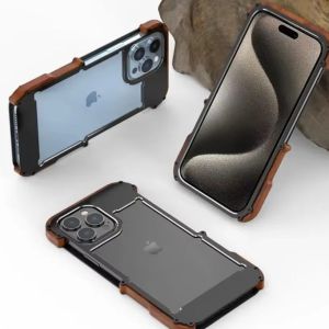 Heavy Duty Bumper Aluminum Metal Wood Frame Case For iPhone 16 15 14 Plus 13 Pro Max Dropproof Rugged Dual Layers Protection