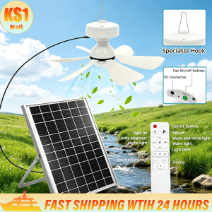 16 Inch Solar Powered Ceiling Fan With Dimmable LED Light Independent Solar Panel & Remote Control Portable DC Inverter Hanging Fan For Bedroom Tent Gazebo RV Outdoor Camping