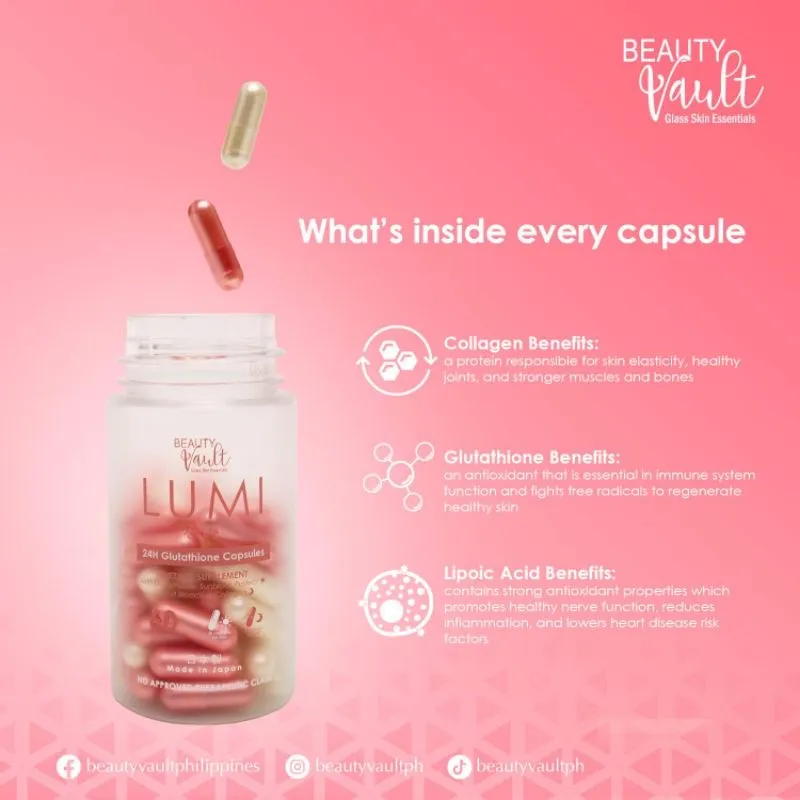 100% Authentic LUMI 24H Glutathione Capsules 60caps by Beauty Vault (Expiration  Date: 4/2025)
