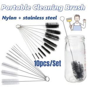 10Pcs/Set Multifunctional Nylon Straw Brush Cleaner Long Set Metal Handle Bottle Tube Cleaning Tools