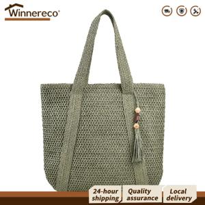 [Winnereco Flagship Mall]กระเป๋าสะพายข้างผู้หญิง งานถักมือ สไตล์แฟชั่น ขนาดกว้าง พร้อมพู่เทียน เหมาะสำหรับออกงานและเดินทางท่องเที่ยว