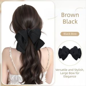 LEKGAVD Claw Clip Wavy Hair Ponytail with Black Bow Wig Elegant Synthetic Hairpiece with Removable Bow Sweet Layered Curly Ponytail Extensions for Women