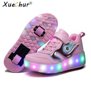 XueChur Size 28-43 Led Wheels Sneakers for Kids Adult USB Charging Glowing Roller Skate with Lights Double Wheely on Heel Children