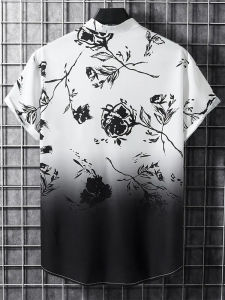 ZEEMIN Gradient Shirts Men Flower Print Casual Short Sleeve Lapel T-Shirt Tops Summer Beach Vacation Hawaiian Shirts Mens Shirt Blouse