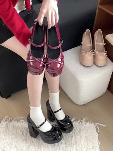 Platform Square High Heel Womens Mary Jane Shoes Fashion Butterfly-knot Shoes Spring Autumn Wedding Party Shoes