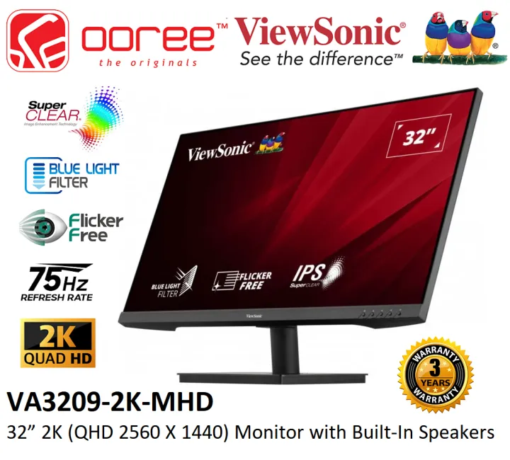 VIEWSONIC 32” VA3209-2K-MHD LED QHD 2560X1440P @75HZ SUPER CLEAR IPS PANEL GAMING LCD MONITOR (4MS, INPUT: HDMI + DISPLAY PORT + 3.5MM AUDIO OUT, VESA,