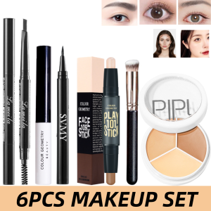 KK BEAUTY 6Pcs Make Up Set Mascara Waterproof+ Eyeliner+ Eyebrow Pencil+Contour Stick+3 Color Concealer+Makeup Brush Makeup Complete Set
