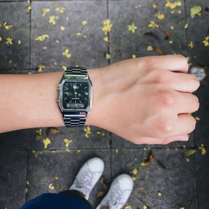 Casio Casio R Watch Mens and Womens Neutral Steel Belt Student Online Red Small Square Watch AQ-230A Free Bracelet