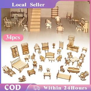 34 Pcs Miniature 1:12 Dollhouse Furniture for DollMini 3D Wooden Puzzle DIY Ready Stock
