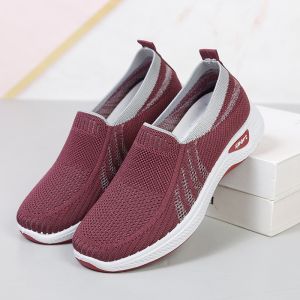 Fashion New Black Red Color Matching Upper Mesh Women Shoes Rounded Toe Slip On Walk Casual Sneakers Rubber Plus Flat Sport Running Breathable Lightweight Shoe 36-41