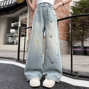 ยีนส์เด็กผู้หญิง กางเกงขากว้าง การออกแบบปัก เวอร์ชั่นเกาหลี สวมใส่ด้านนอก สําหรับเด็กผู้หญิง 【จัดส่งภายใน 24 ชั่วโมง】