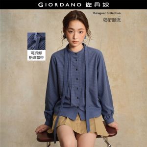 GIORDANO Women Shirts Detachable Ribbon Band Collar Tartan Shirts Long Sleeve Fashionable Casual Loose Shirts 18346325