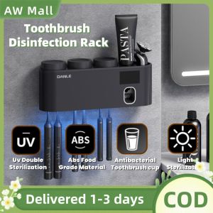 Wall-Mounted UV Sterilizer Toothbrush Holder Organizer Toothpaste Squeezer Dispenser Toothbrush Cup  with Automatic Squeezer and Toothpaste Storage Chargeable Wall Mounted Tooth Brush Holder Organizer with UV Light 2-Layer Space-Saving Design