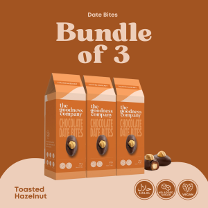 [SG] The Goodness Company Toasted Hazelnut Chocolate Date Bites - Bundle of 3 Packs (45g Each) | Vegan | Plant Based | No Added Sugar | Naturally Sweetened with Dates | Healthy Chocolate Crunchy Snack Bites | Toasted Hazelnut Vegan Date Bites