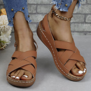 [Free Shipping] New Plus Size Summer Womens Wedge Sandals Thick-Soled Buckle Strap Peep-Toe Sandals Solid Color Wedge Sandals
