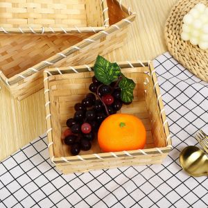 CANICECA Simple Bamboo Basket Rectangle Natural Color Square Bamboo Basket Handmade Woven Wicker Bread Basket Home Shop Display