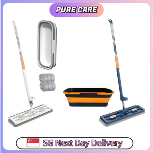 【Pure Care】 Hands-Free Flat Mop with Foldable Bucket Set/42cm Wide Mop Head/No Installation Needed
