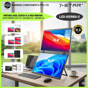 7-STAR* Portable Dual Screen 15.6”inch IPS Screen Monitor - Laptop Screen Extender | Type-C | Mini HDMI IN | Earphone | Support:Mirror Split Portrait Extended Mode with USB Type C Safety Mark 3 Pin UK Plug Power Adapter -Model: LED-DS1560-2
