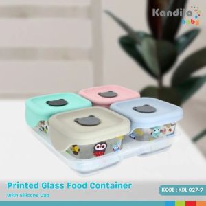 Kandila Baby PRINTED Glass Food Container 180ml with Base & Silicone Cap (4 pcs) - Peralatan Makan Anak