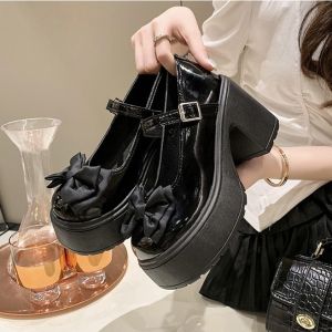 (fom rộng -đặt lùi 1 size) Giày lolita nơ da bóng gót 9cm 2 màu đen kem hàng fullbox G120